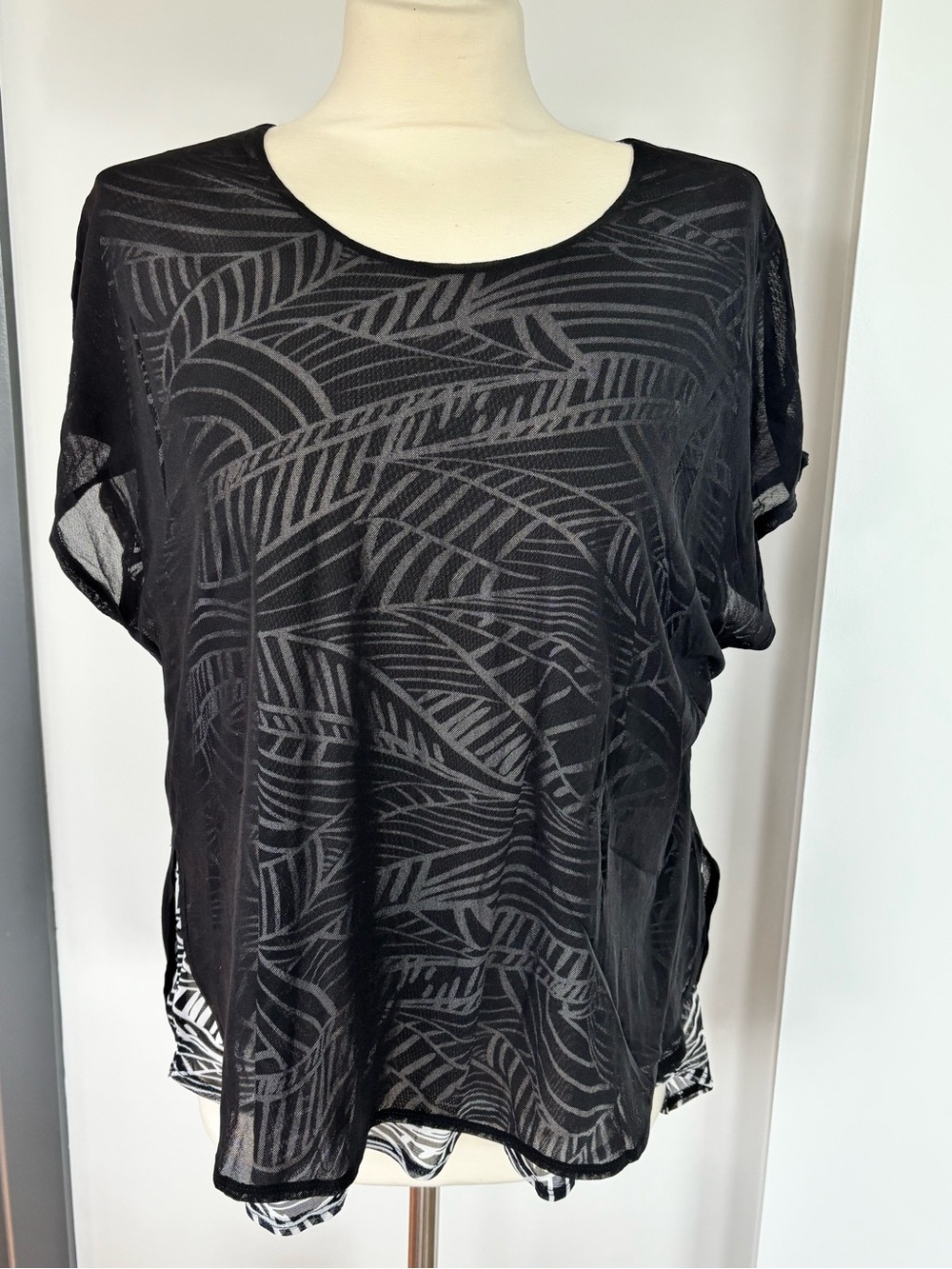 Chico’s black sheer with floral underlay blouse